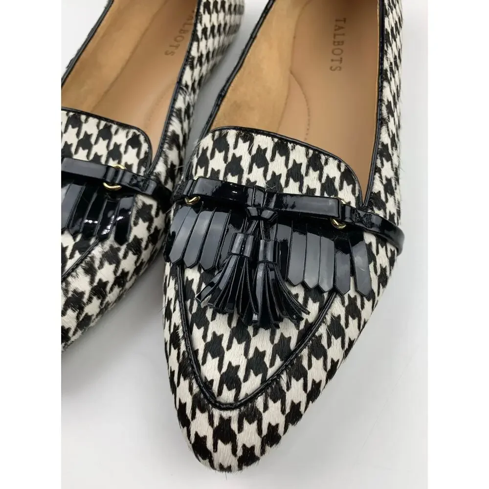 Talbots Flats Black White Houndstooth Calf Hair Tassel Fringe Shoes Women's 10